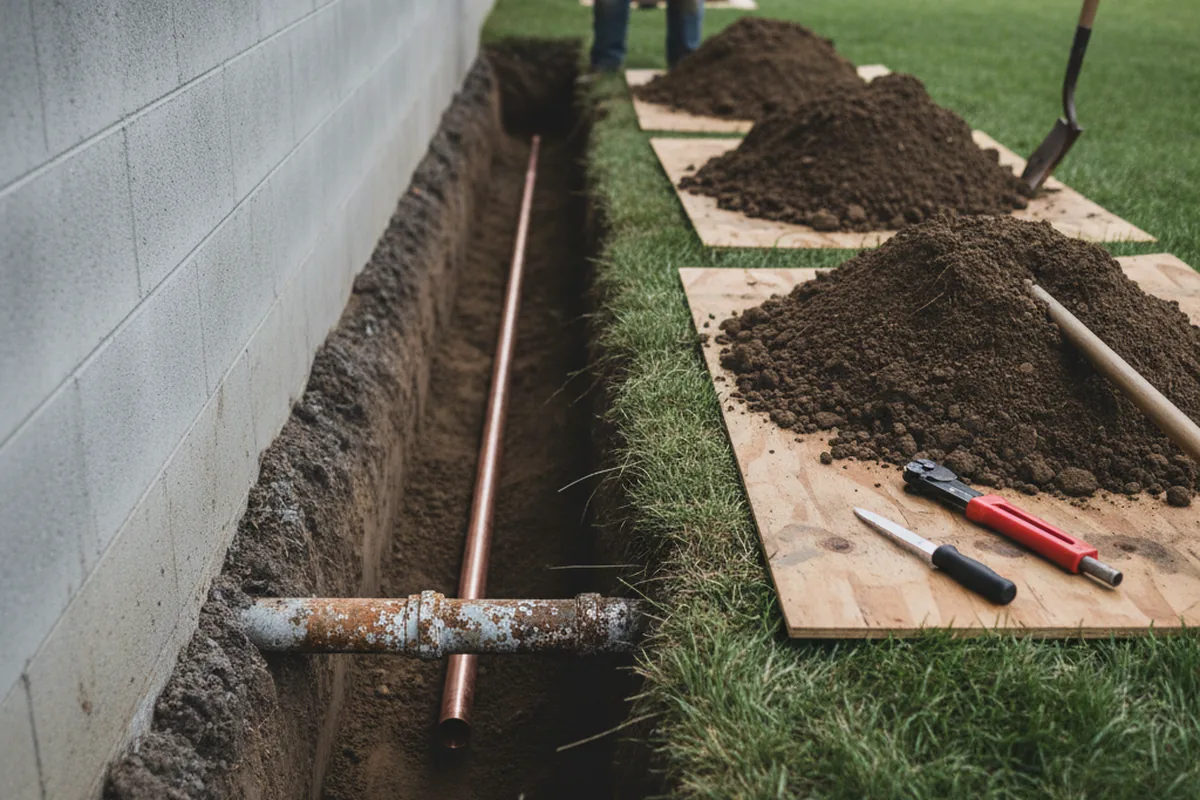 Excavated water line trench during Water Heater Repair in Llano